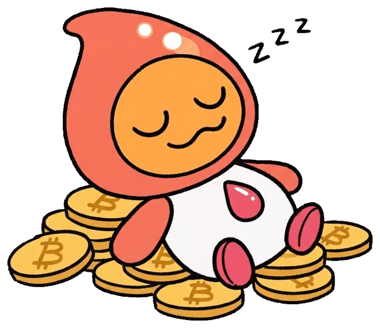 Quid asleep on a pile of Bitcoin coins